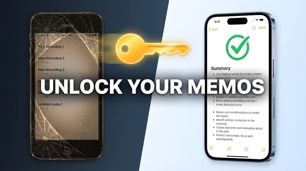 A user converting chaotic iPhone Voice Memos into clean, searchable text using UserRecaply
