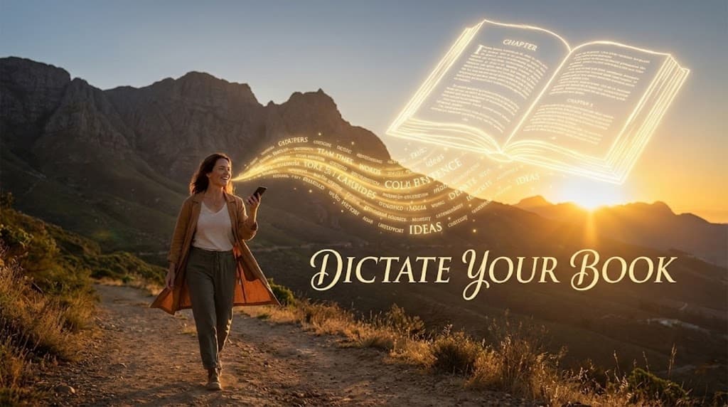 A writer dictating into their phone while walking in a park, capturing a creative flow