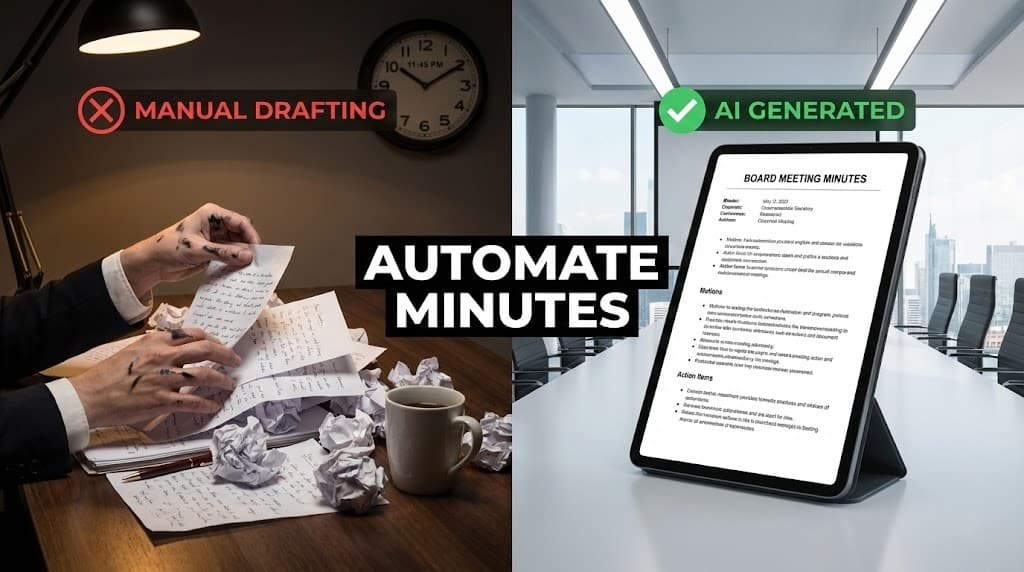 Professional boardroom with a digital tablet displaying AI-generated meeting minutes and action items
