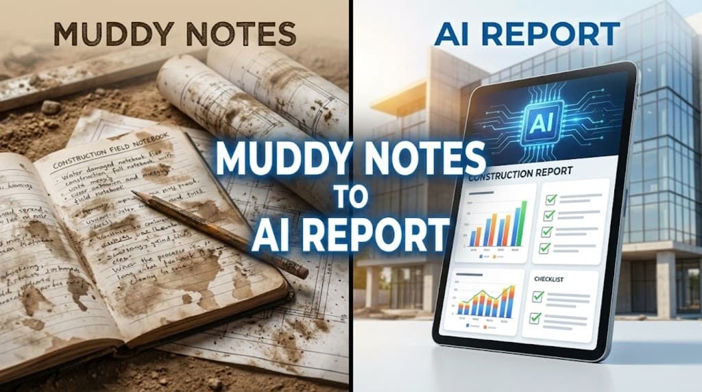 A site manager in a hard hat dictating notes amidst a busy construction site