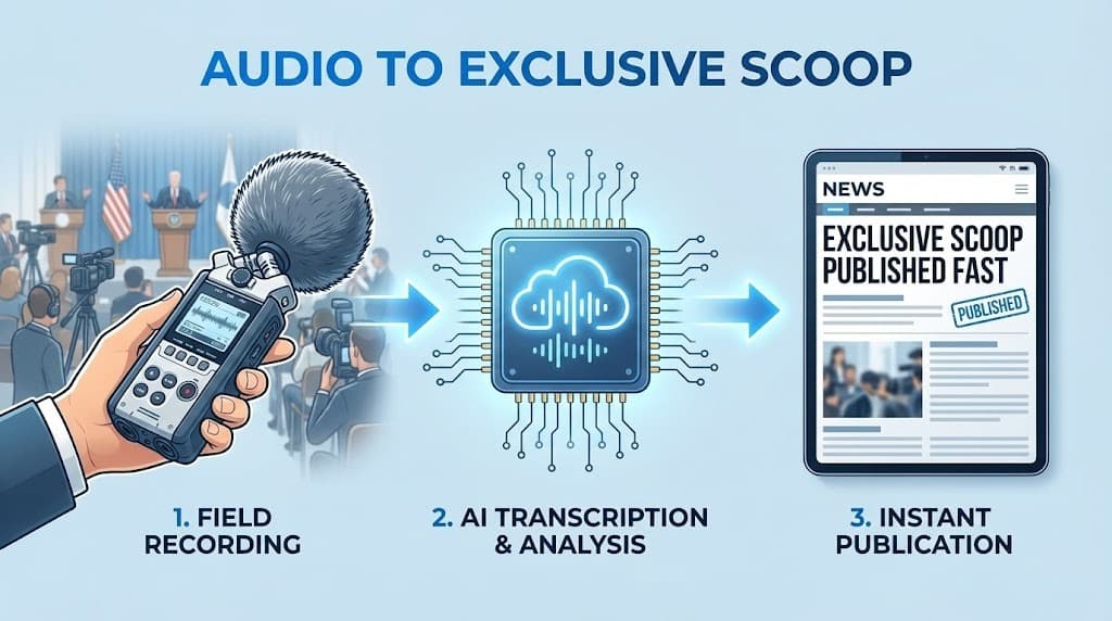 A journalist with a digital recorder interviewing a subject, with AI-generated quotes appearing on a laptop screen