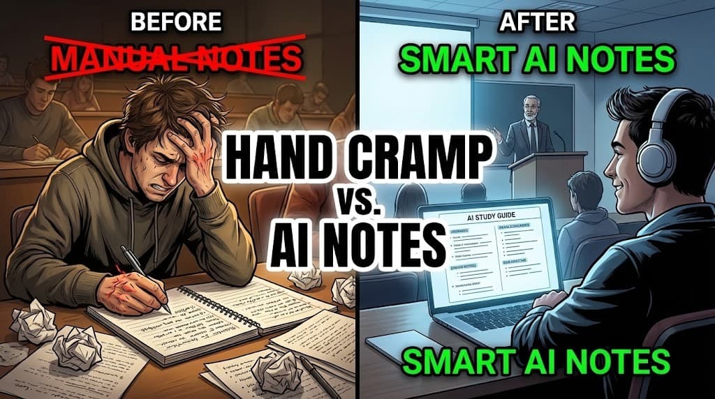 A relaxed student listening to a lecture while AI automatically generates structured notes on a laptop