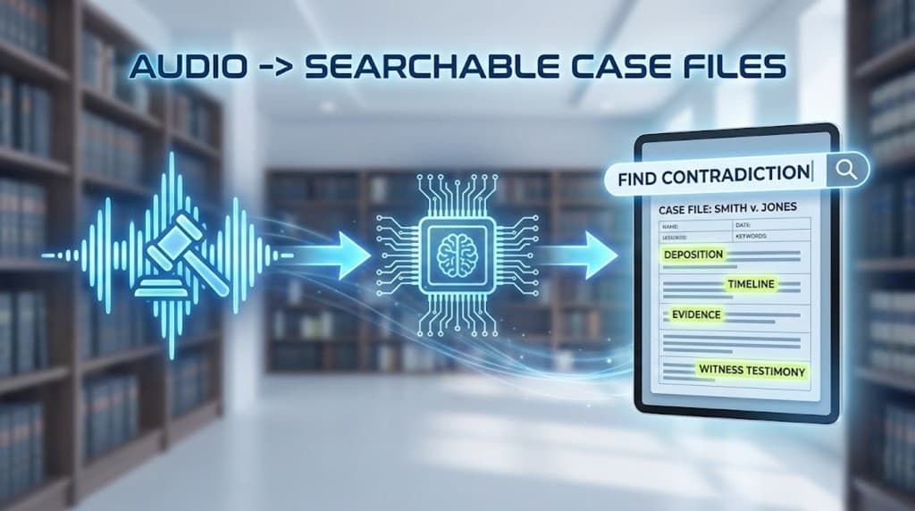 A lawyer in a modern office reviewing a digital case file with an AI-generated summary