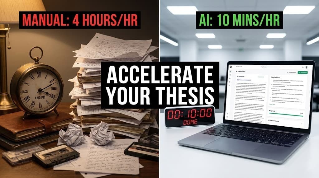 A researcher analyzing interview transcripts on a laptop with an AI-generated thematic map
