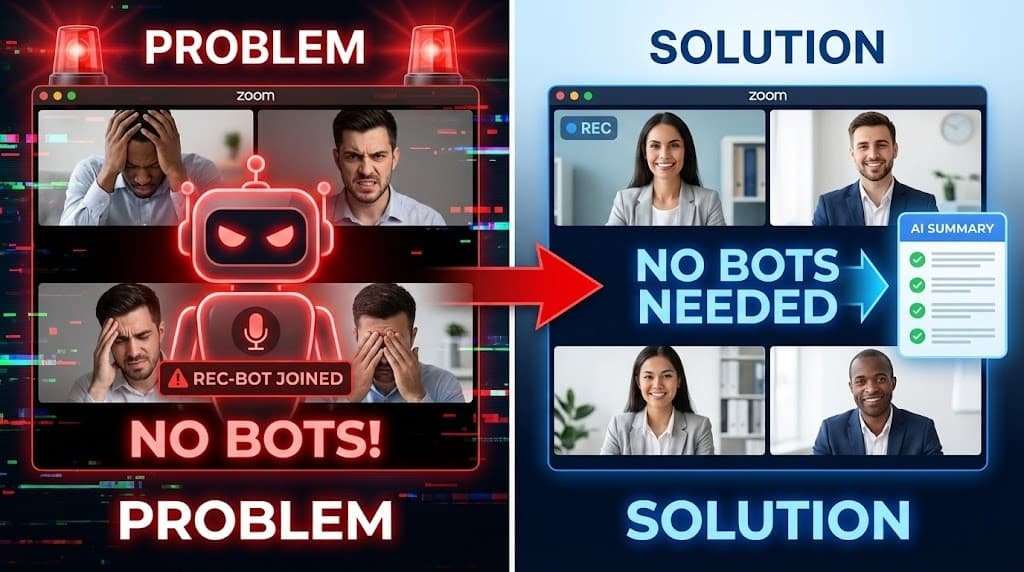 A comparison showing an intrusive meeting bot joining a call vs. a clean, private AI transcription workflow